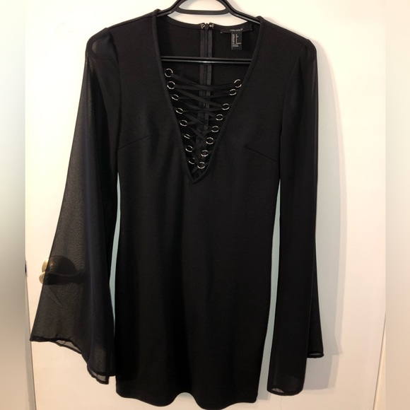 Cute black mini-dress with laced front & sheer sleeves - Picture 1 of 5